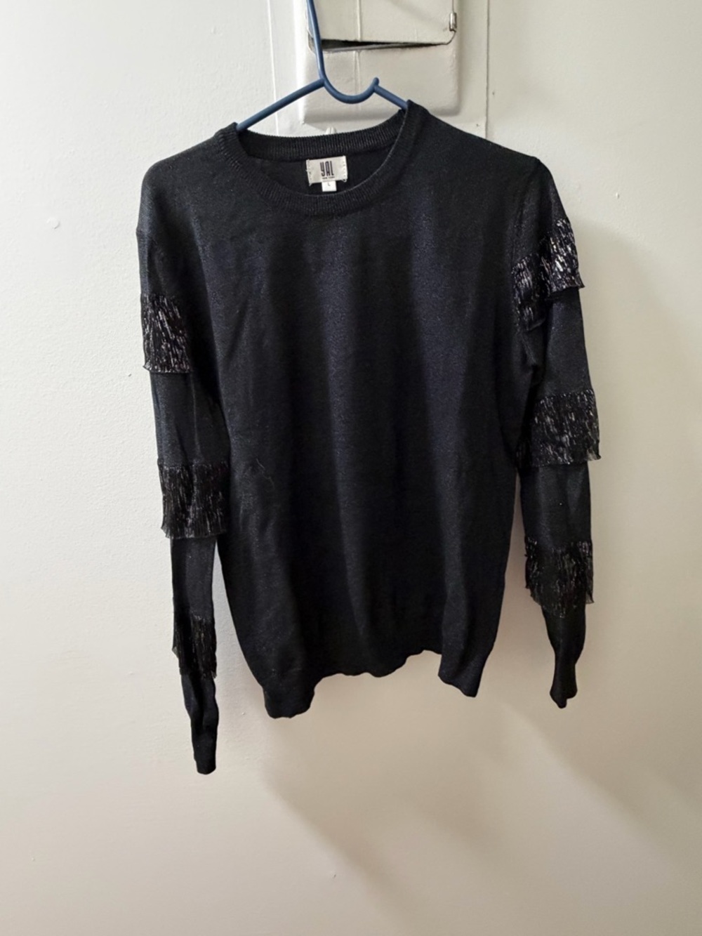 YAL New York Black Fringe Sleeve Sweater Size L Chic Statement Top - Picture 2 of 4